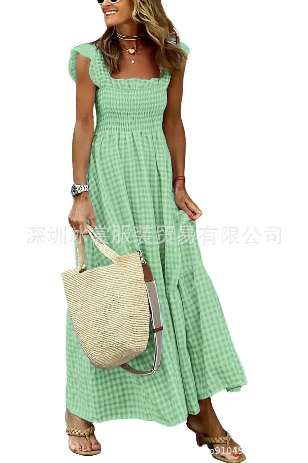 Breathable Cotton Blend Smocked Tiered Maxi Dress with Gingham Pattern