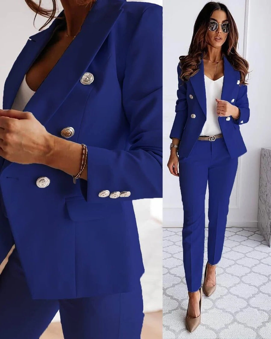 Women's Blazer Set with Tailored Fit and Matching Trousers, Year-Round Formal Wear
