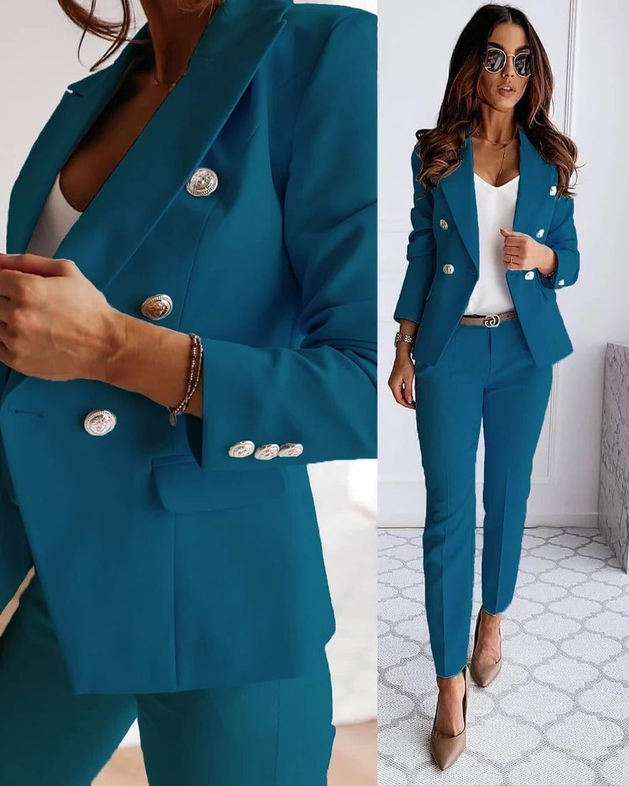 Women's Blazer Set with Tailored Fit and Matching Trousers, Year-Round Formal Wear