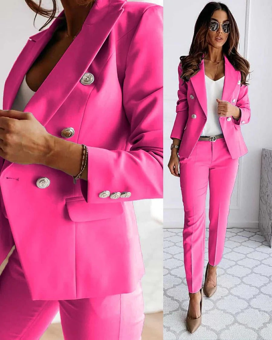 Women's Blazer Set with Tailored Fit and Matching Trousers, Year-Round Formal Wear