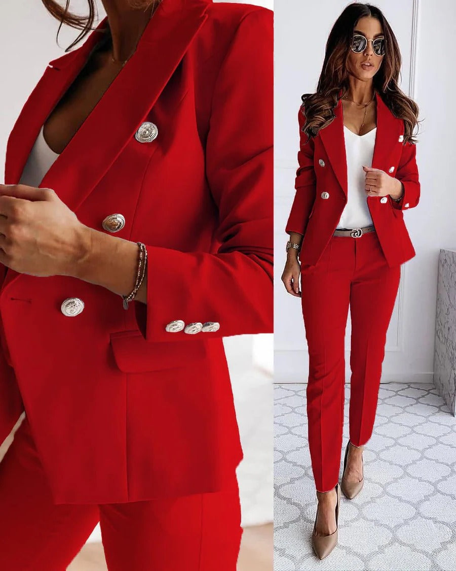 Women's Blazer Set with Tailored Fit and Matching Trousers, Year-Round Formal Wear