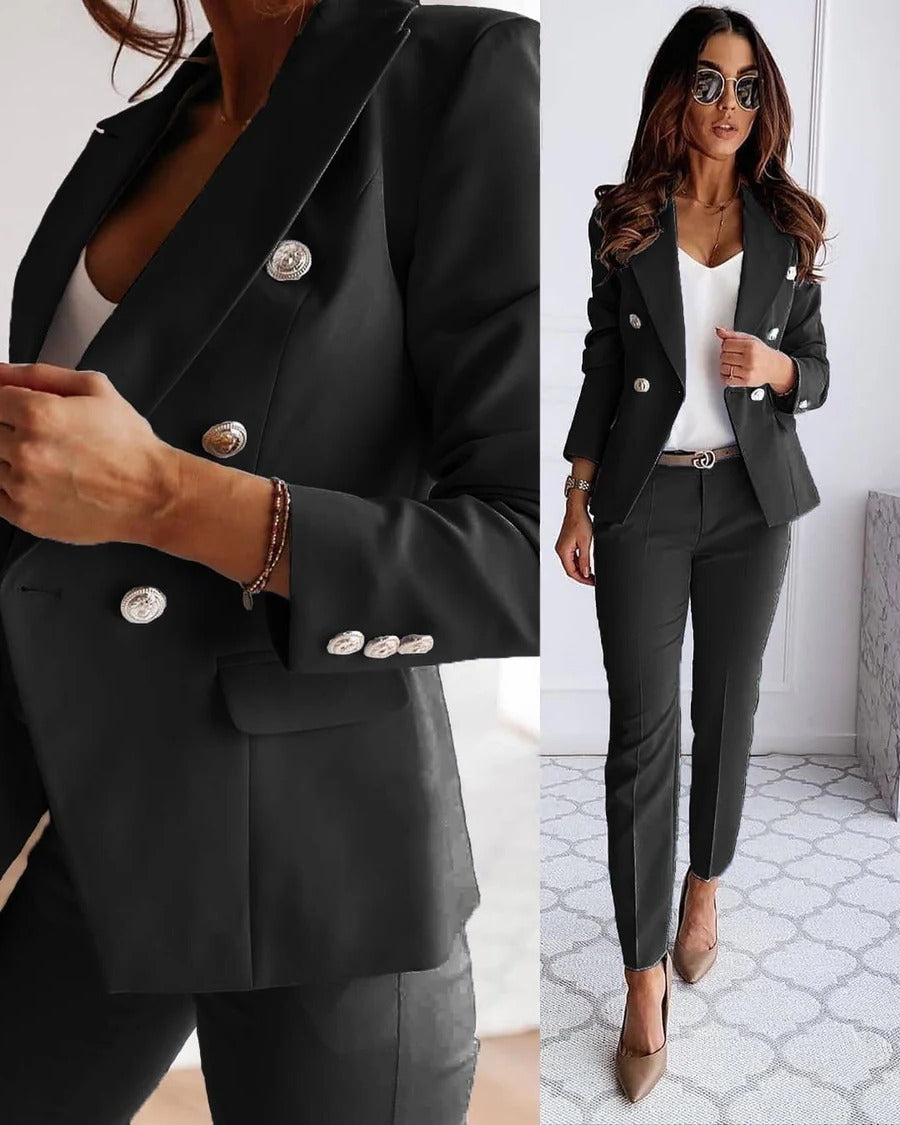 Women's Blazer Set with Tailored Fit and Matching Trousers, Year-Round Formal Wear