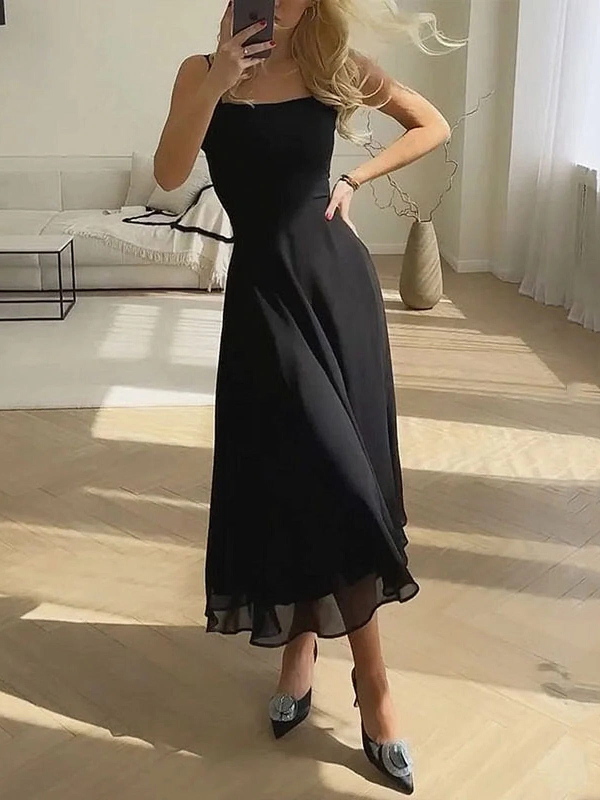 Square Neck Midi Dress with Fitted Bodice and A-Line Skirt for Summer Events