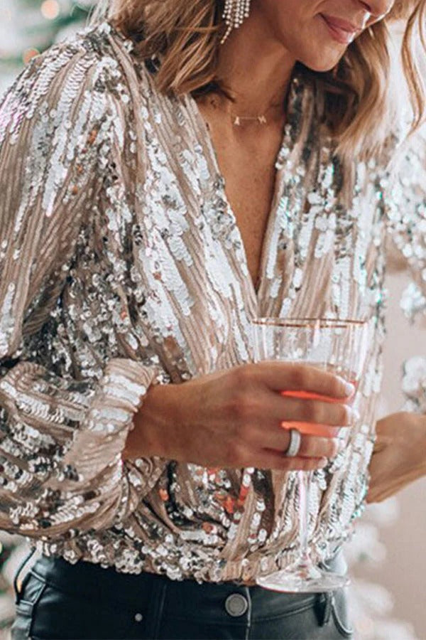 Glitter Blouse with Silk Cotton Blend and V-Neck, True to Size Lightweight