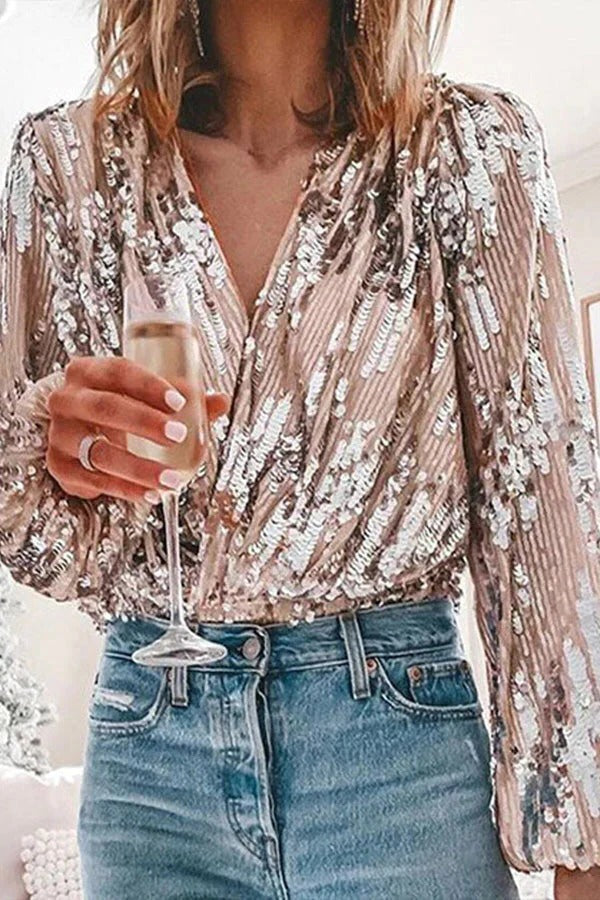 Glitter Blouse with Silk Cotton Blend and V-Neck, True to Size Lightweight