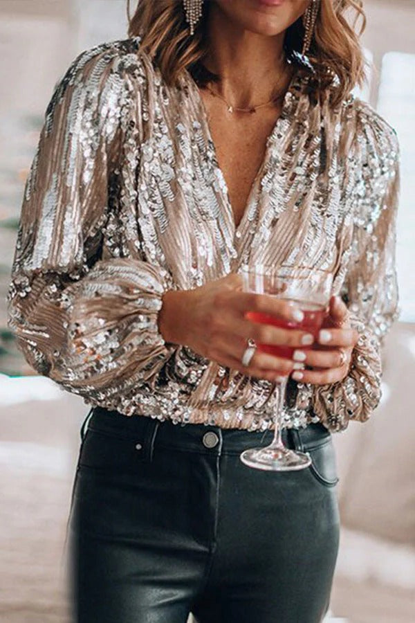 Glitter Blouse with Silk Cotton Blend and V-Neck, True to Size Lightweight