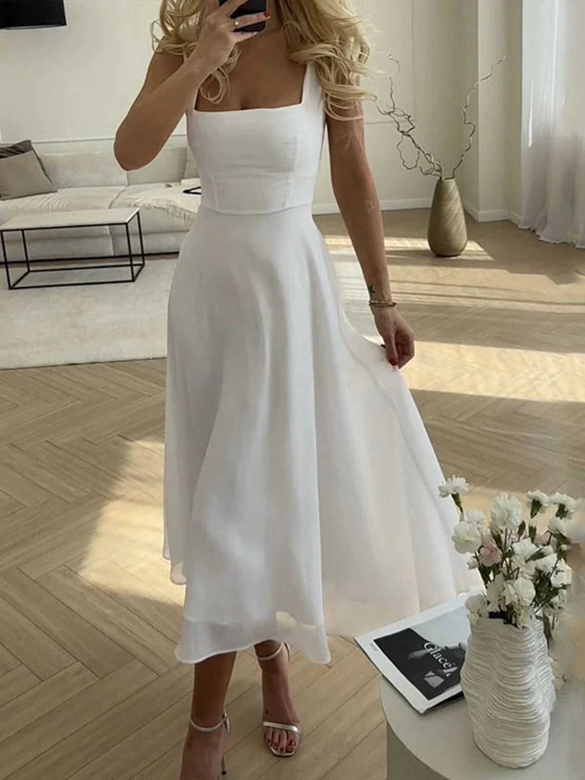 Square Neck Midi Dress with Fitted Bodice and A-Line Skirt for Summer Events
