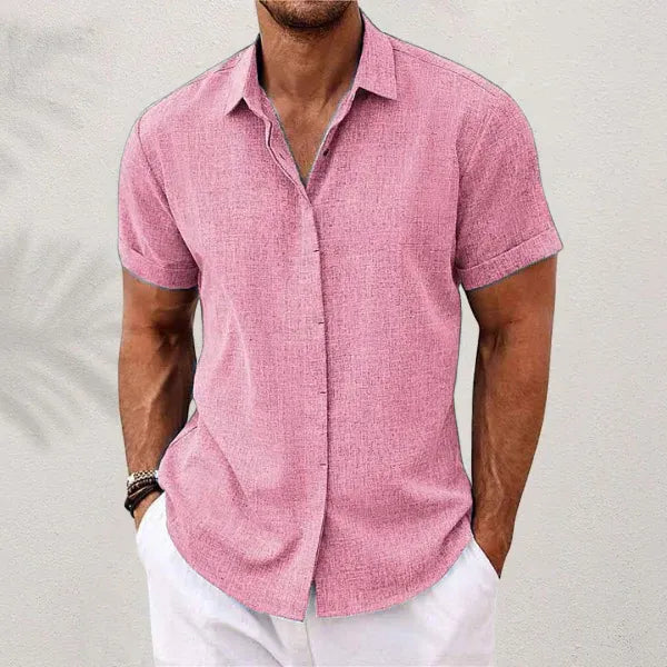 Linen Shirt for Men with Short Sleeves and Open Collar, Lightweight Breathable Fabric