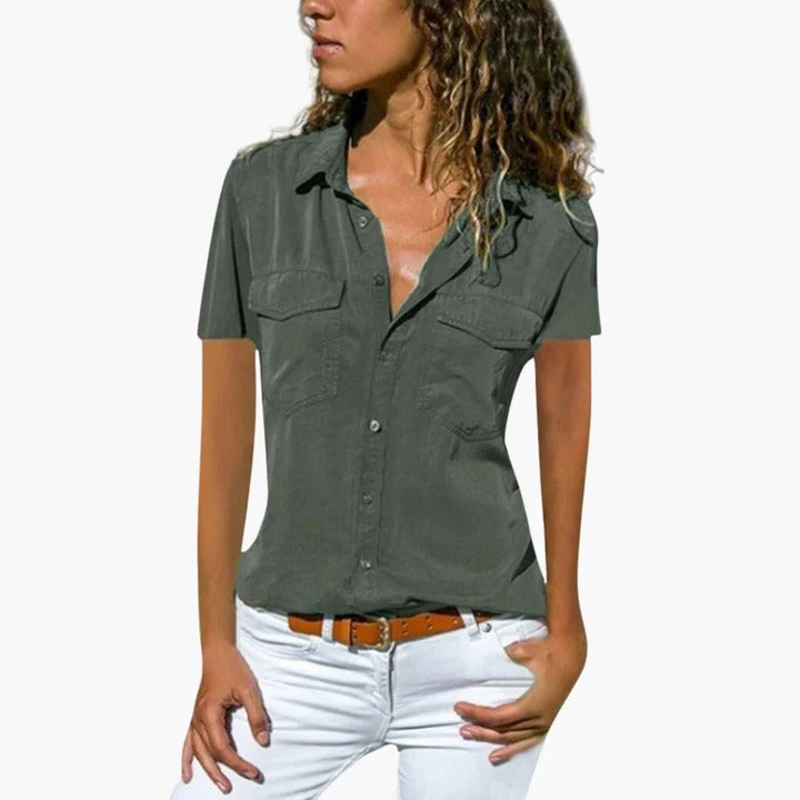 Short Sleeve Button-Front Blouse for Women with V-Neck and Chest Pockets, Lightweight