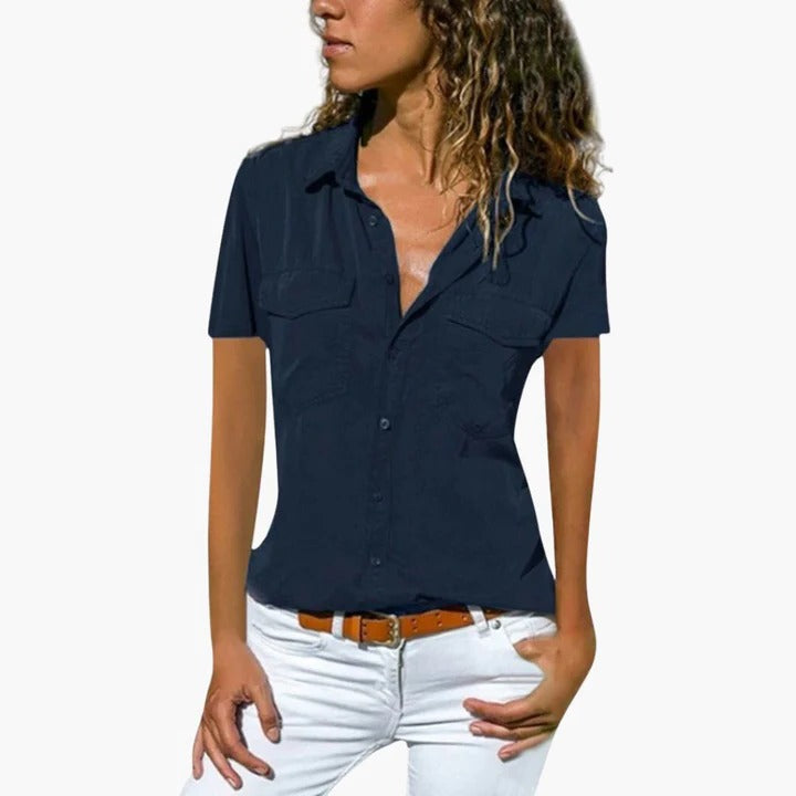 Short Sleeve Button-Front Blouse for Women with V-Neck and Chest Pockets, Lightweight