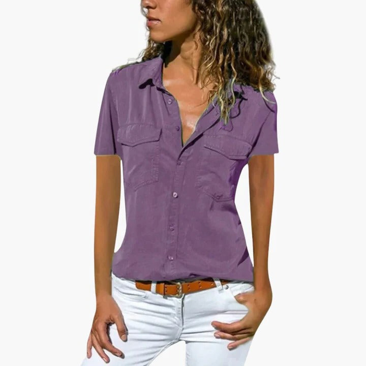 Short Sleeve Button-Front Blouse for Women with V-Neck and Chest Pockets, Lightweight