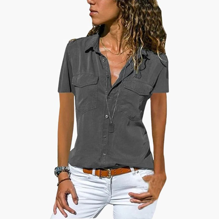 Short Sleeve Button-Front Blouse for Women with V-Neck and Chest Pockets, Lightweight