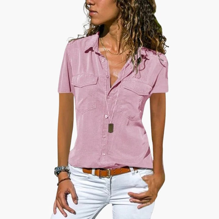 Short Sleeve Button-Front Blouse for Women with V-Neck and Chest Pockets, Lightweight
