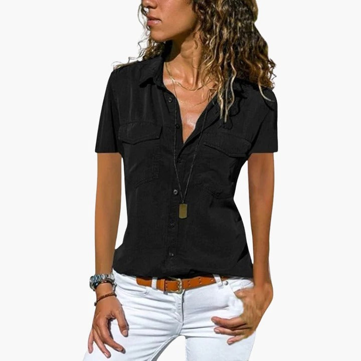 Short Sleeve Button-Front Blouse for Women with V-Neck and Chest Pockets, Lightweight