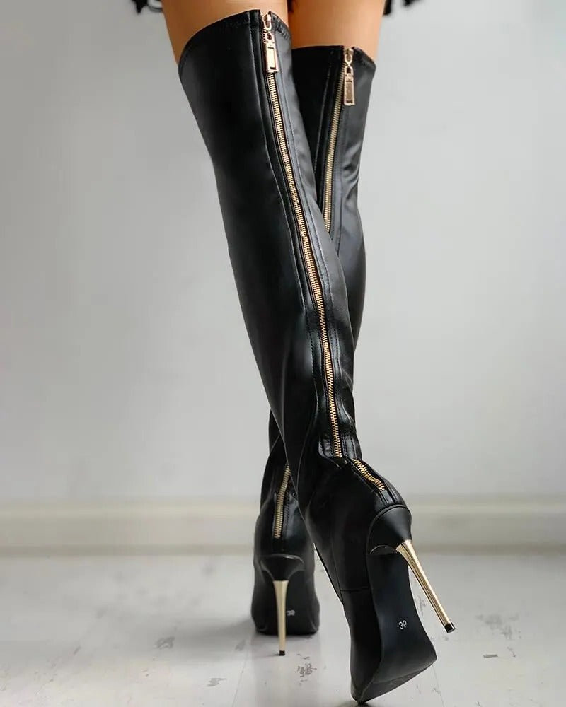 Over the Knee Women's Boots with Rear Zipper and Stretch Calf, 3.9 Inch Heel