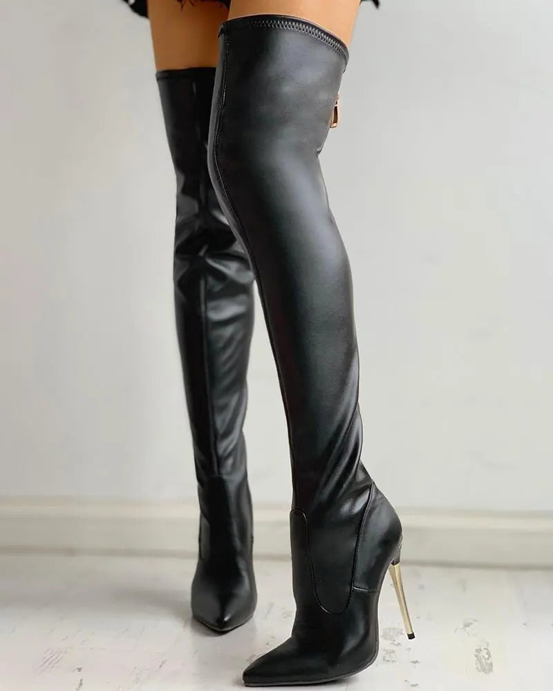 Over the Knee Women's Boots with Rear Zipper and Stretch Calf, 3.9 Inch Heel
