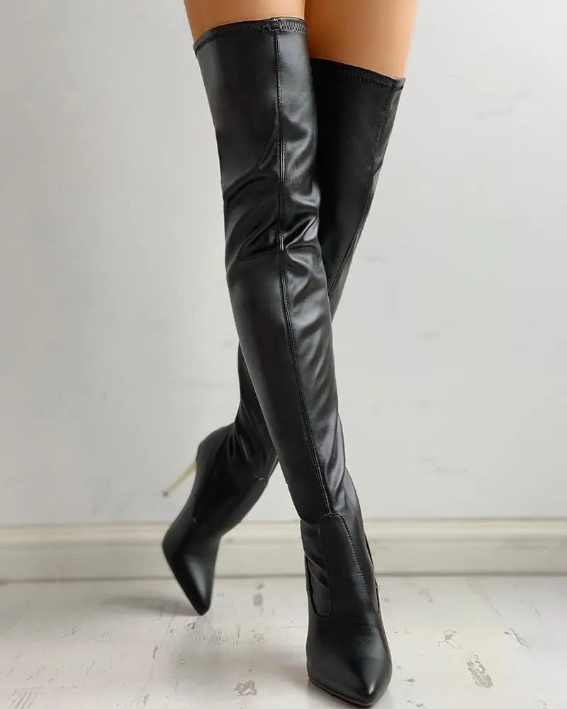 Over the Knee Women's Boots with Rear Zipper and Stretch Calf, 3.9 Inch Heel