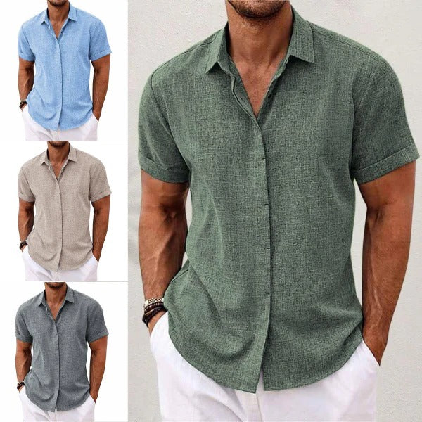 Linen Shirt for Men with Short Sleeves and Open Collar, Lightweight Breathable Fabric