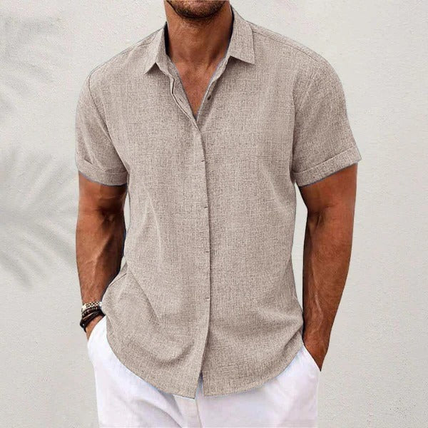 Linen Shirt for Men with Short Sleeves and Open Collar, Lightweight Breathable Fabric