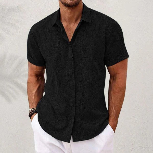 Linen Shirt for Men with Short Sleeves and Open Collar, Lightweight Breathable Fabric