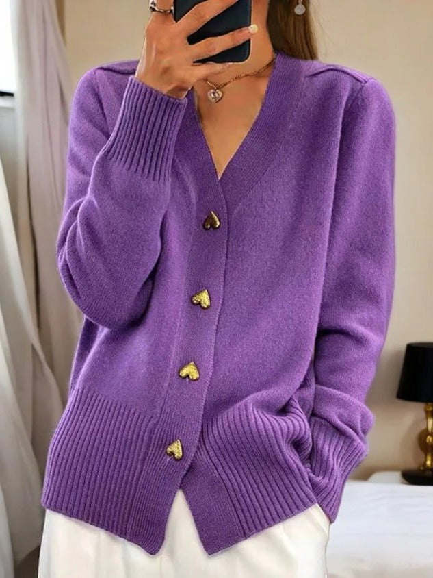 Knit Cardigan for Women with Heart Buttons and Ribbed Cuffs, Lightweight Regular Fit