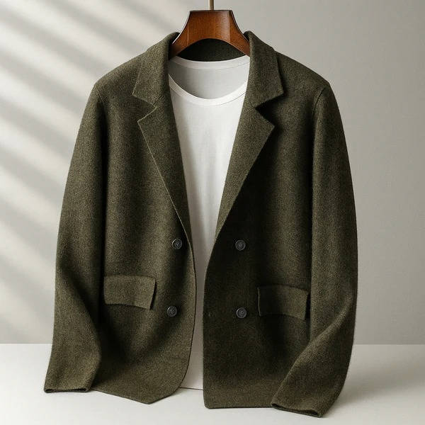 Cashmere Cardigan for Men with V Neck and Suit Style Collar, Anti-Pilling Wool Blend