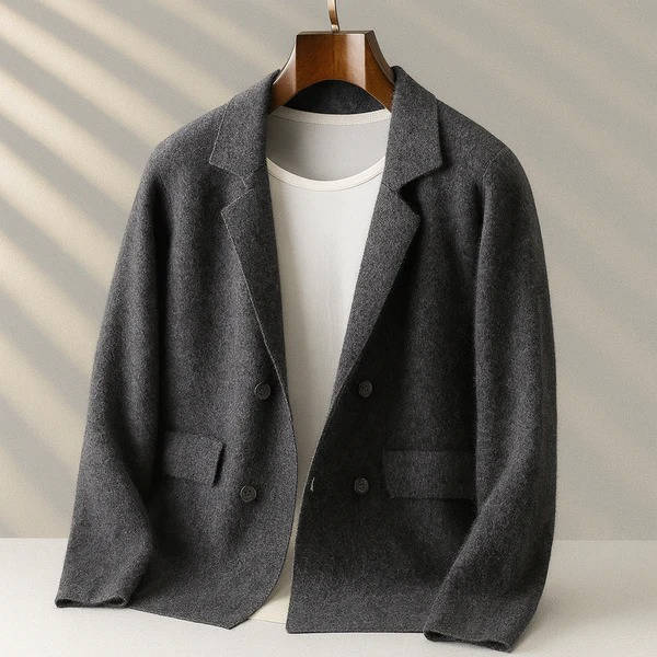 Cashmere Cardigan for Men with V Neck and Suit Style Collar, Anti-Pilling Wool Blend