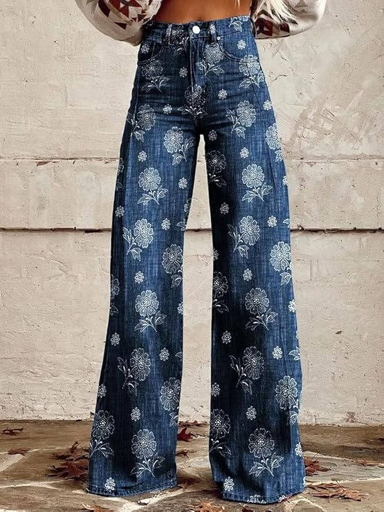 Women's Floral Pants with High Rise Waist and Flared Wide Leg, Cotton Blend