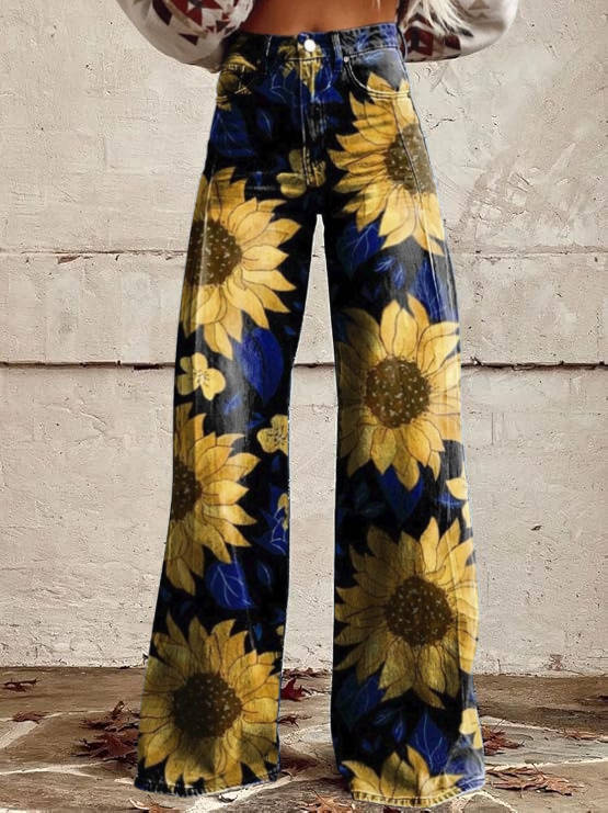 Women's Floral Pants with High Rise Waist and Flared Wide Leg, Cotton Blend