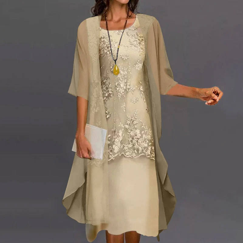Mother of the Bride Midi Dress Set with Chiffon Jacket and Floral Print, Loose Fit