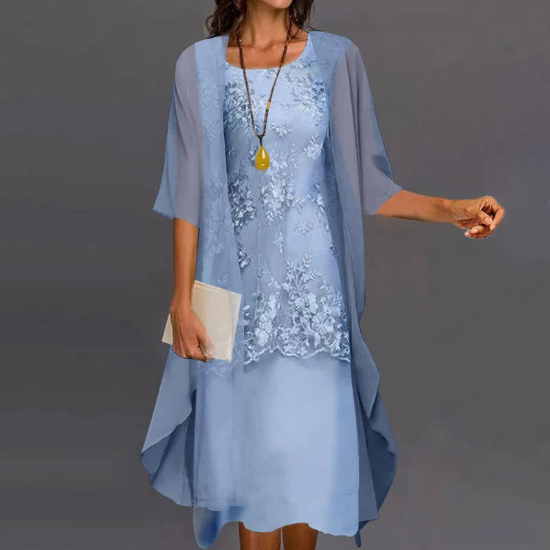Mother of the Bride Midi Dress Set with Chiffon Jacket and Floral Print, Loose Fit