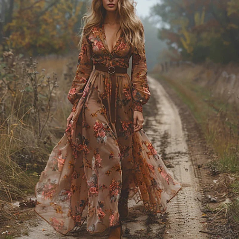 Embroidered Maxi Dress with Hand-Embroidered Floral Bodice and Tiered Hem