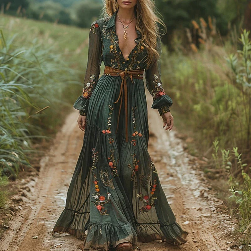 Embroidered Maxi Dress with Hand-Embroidered Floral Bodice and Tiered Hem