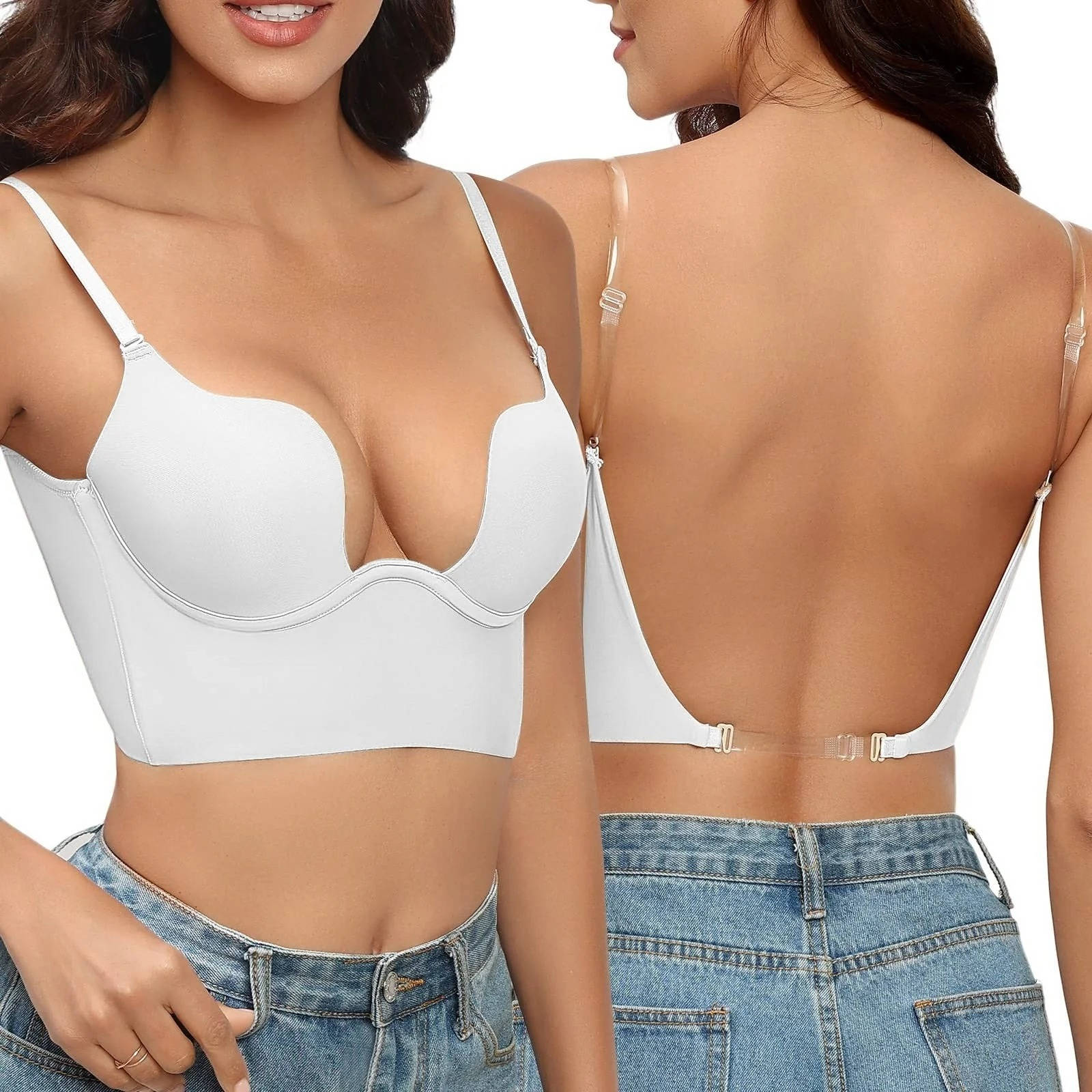 Backless Bra for Low-Back Dresses with Removable Clear Straps and Underwire, Seamless Cups