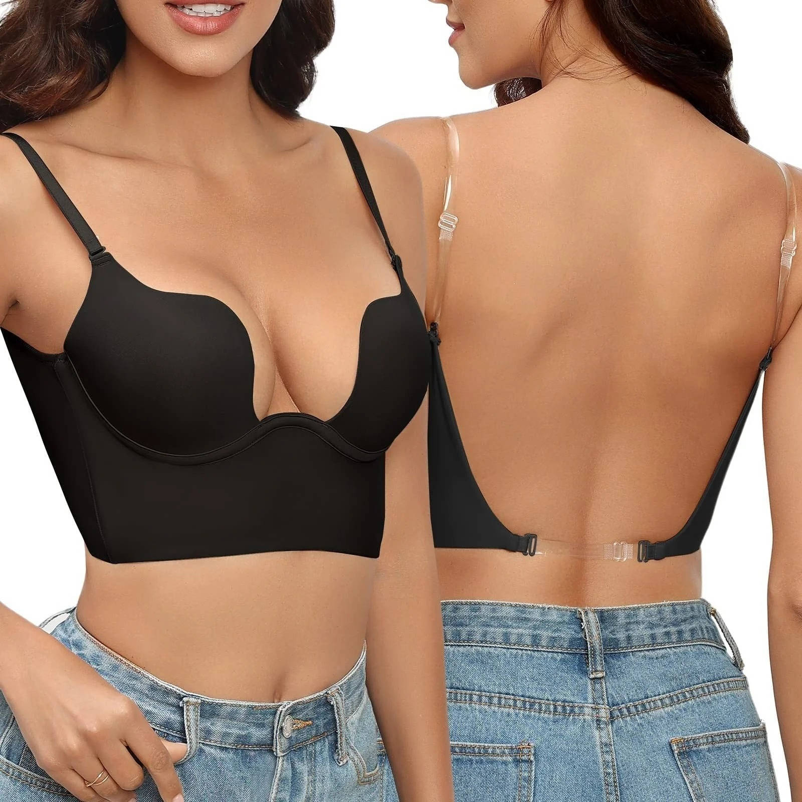 Backless Bra for Low-Back Dresses with Removable Clear Straps and Underwire, Seamless Cups