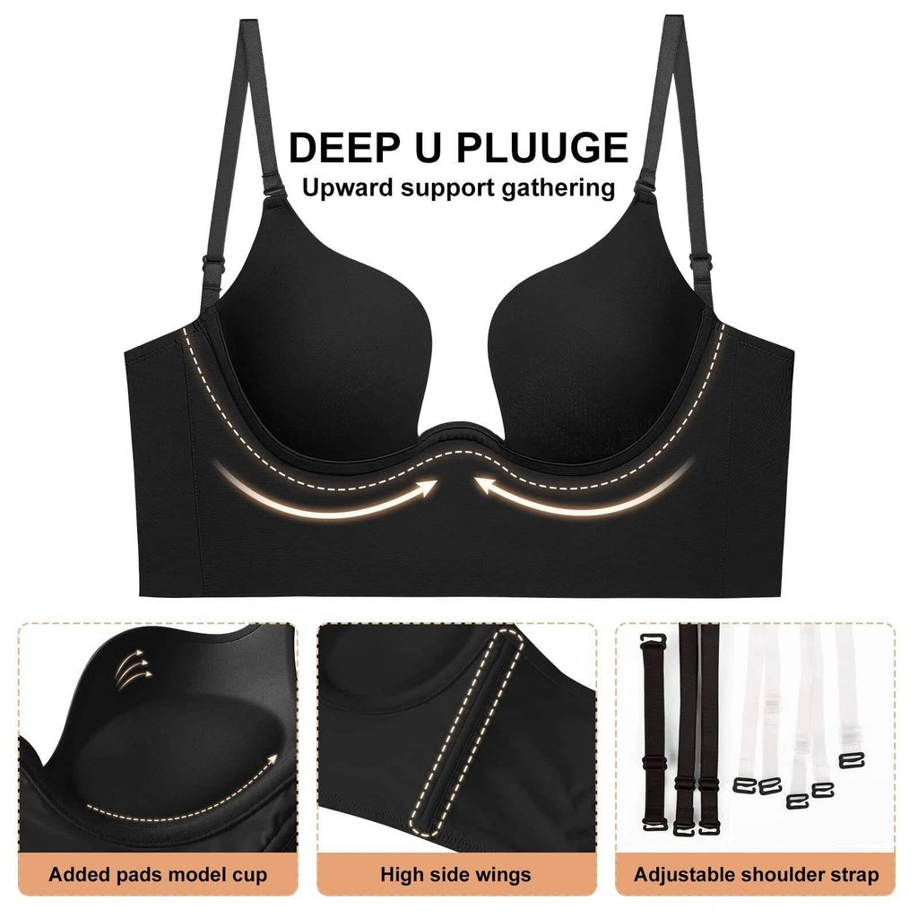 Backless Bra for Low-Back Dresses with Removable Clear Straps and Underwire, Seamless Cups