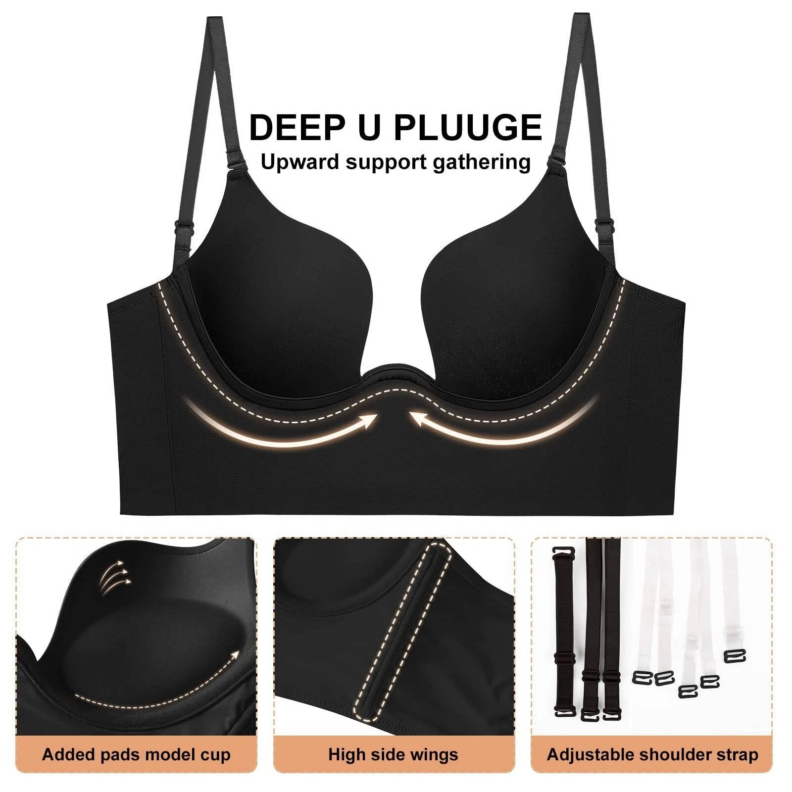 Backless Bra for Low-Back Dresses with Removable Clear Straps and Underwire, Seamless Cups