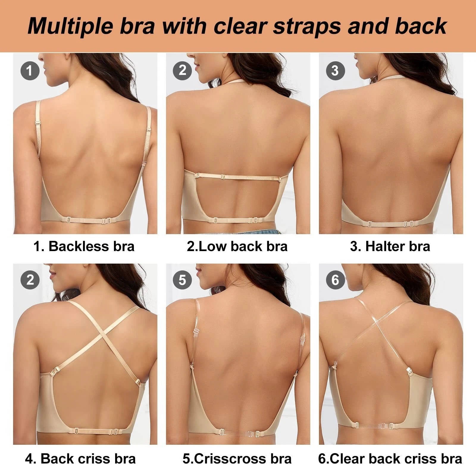 Backless Bra for Low-Back Dresses with Removable Clear Straps and Underwire, Seamless Cups
