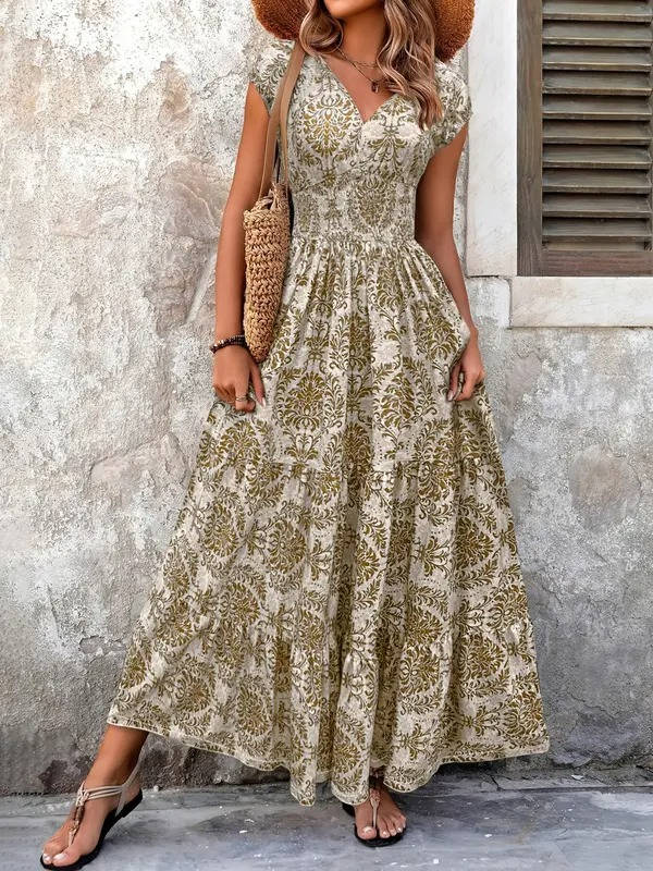 Smocked Maxi Dress with V Neck and Tiered A-Line Skirt, Cap Sleeves, All-Over Print