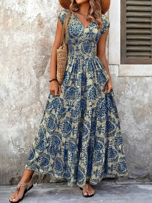 Smocked Maxi Dress with V Neck and Tiered A-Line Skirt, Cap Sleeves, All-Over Print