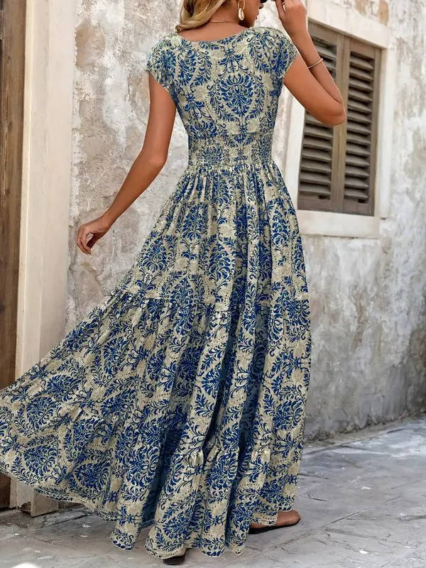 Smocked Maxi Dress with V Neck and Tiered A-Line Skirt, Cap Sleeves, All-Over Print