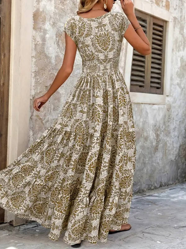 Smocked Maxi Dress with V Neck and Tiered A-Line Skirt, Cap Sleeves, All-Over Print
