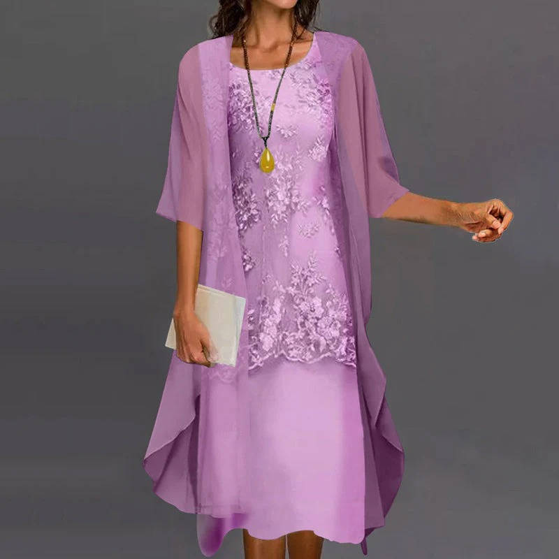 Mother of the Bride Midi Dress Set with Chiffon Jacket and Floral Print, Loose Fit