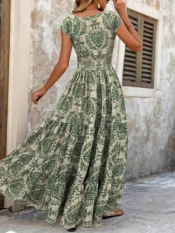 Smocked Maxi Dress with V Neck and Tiered A-Line Skirt, Cap Sleeves, All-Over Print