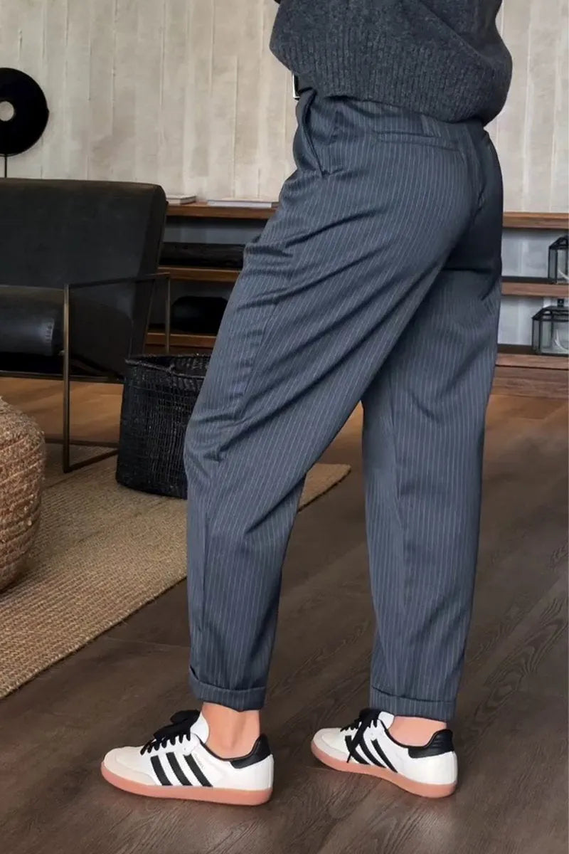 High Waist Straight Leg Pants with Wrinkle Resistant Stretch Fabric and Reinforced Seams