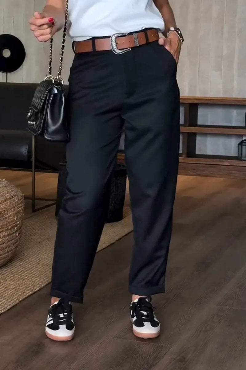 High Waist Straight Leg Pants with Wrinkle Resistant Stretch Fabric and Reinforced Seams