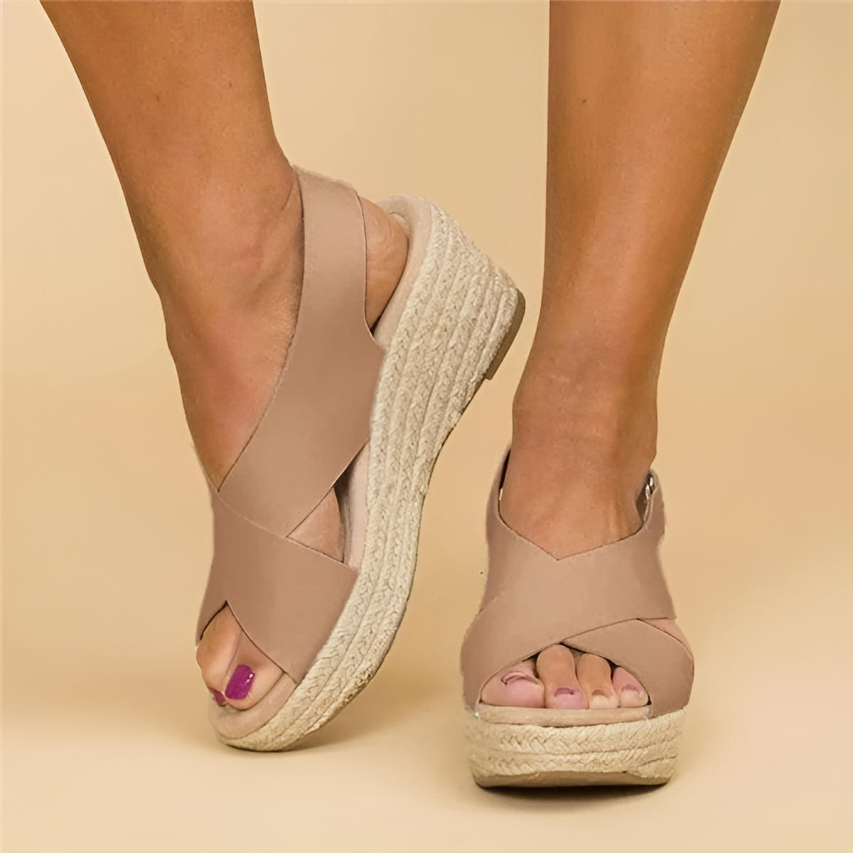 Women's Wedge Sandals with Orthopedic Footbed and Adjustable Cross Straps, Jute Wrap Heel