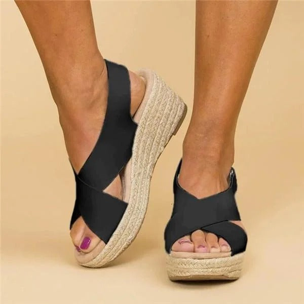 Women's Wedge Sandals with Orthopedic Footbed and Adjustable Cross Straps, Jute Wrap Heel