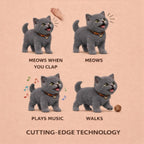 Illustration showing the cutting-edge technology of the Kouvr robot kitten: meow when you clap, Meow, plays music, and Walks.