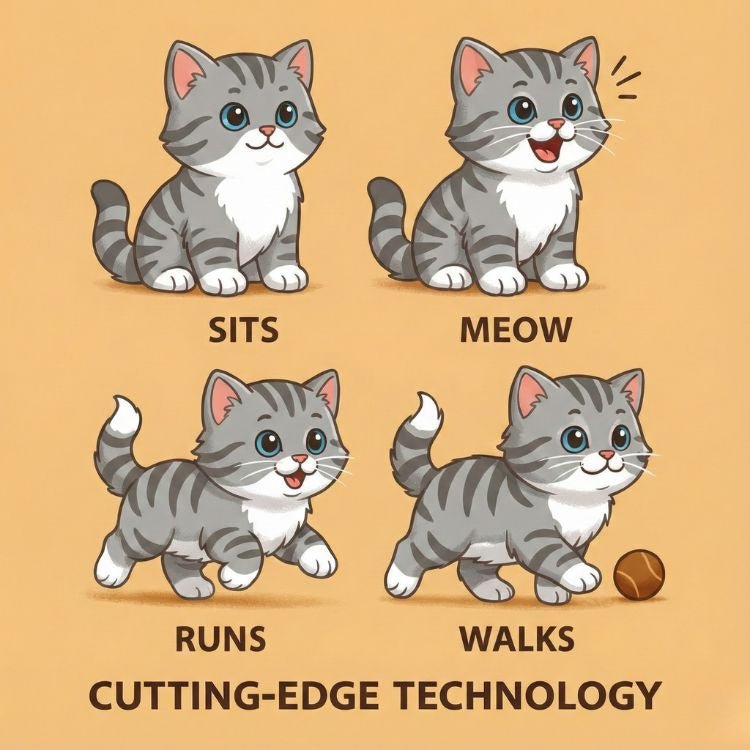 Illustrated guide showing the functions of the Kouvr robot kitten: sits, meows, runs, and walks.
